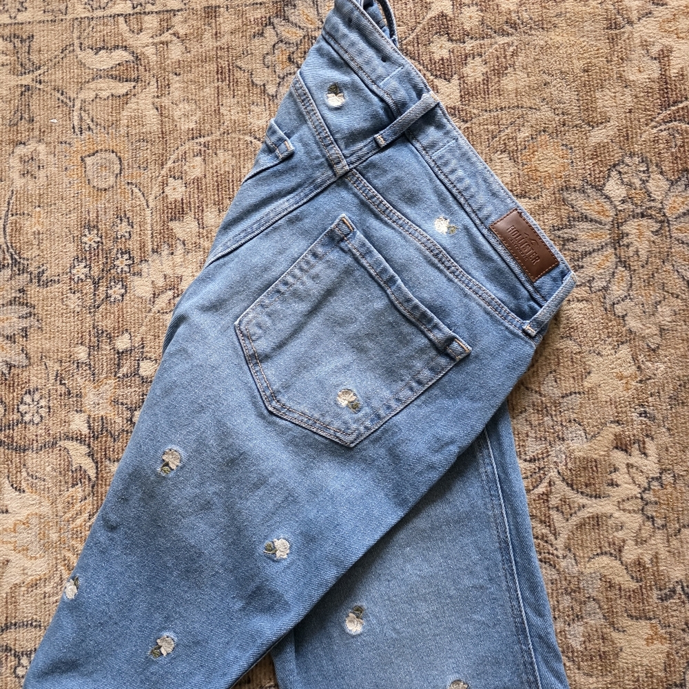 Hollister Light Blue Straight Leg Jeans with Floral Embroidery